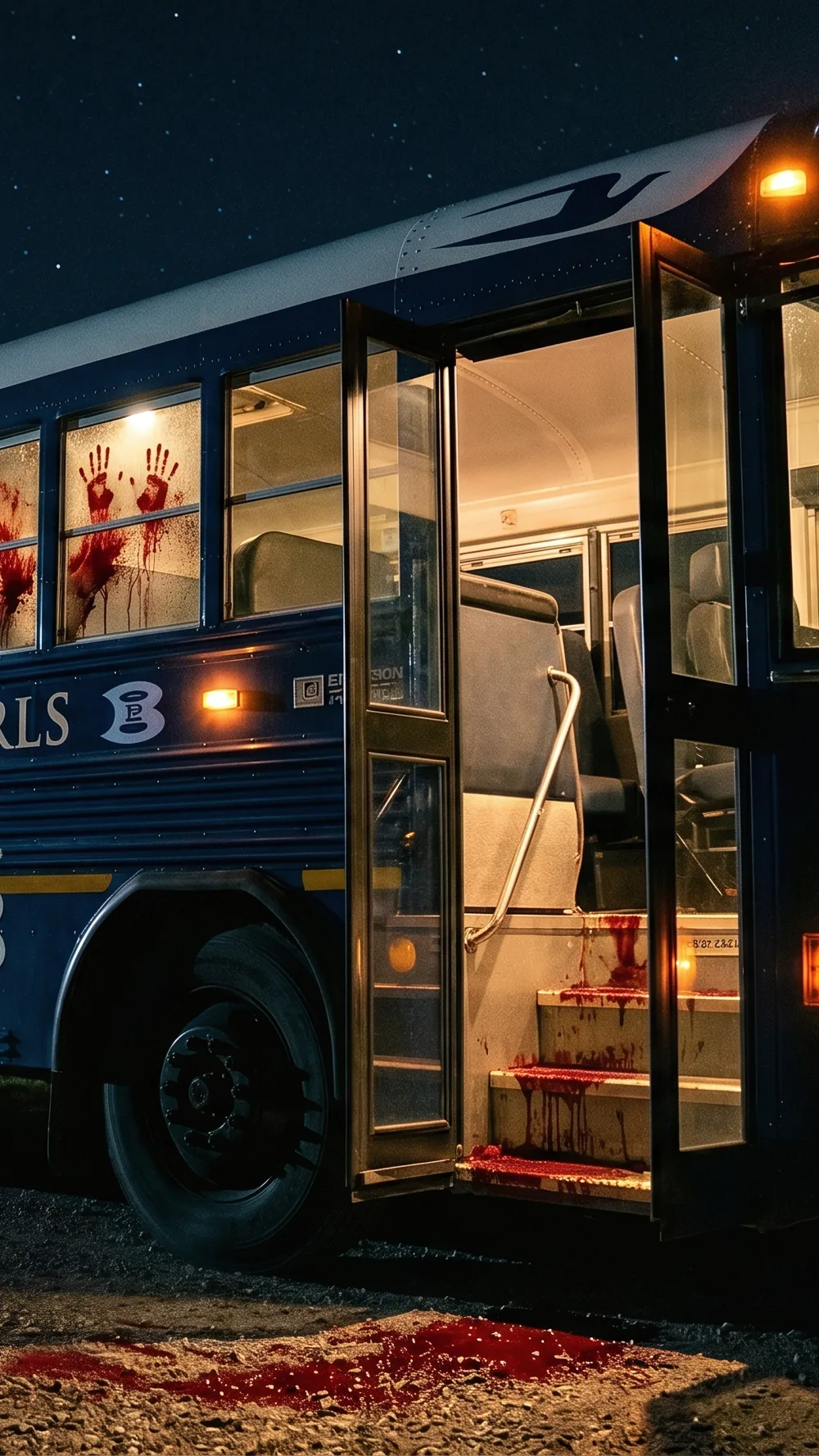 A school bus at night, its windows marked with bloody handprints