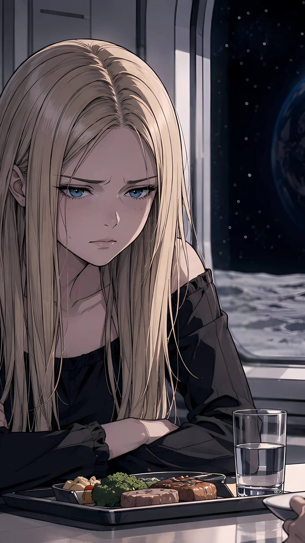 A young woman at a table aboard a lunar base, Earth hanging in the dark beyond the window